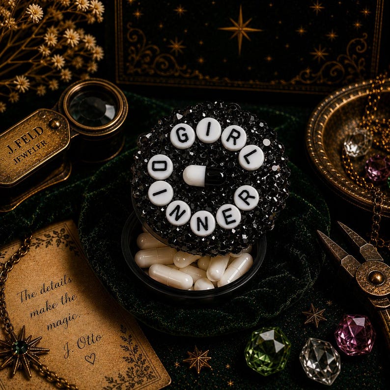 Op de afbeelding: Een ronde zwarte houder met een deksel bedekt met zwarte kristallen en witte letterkralen die GIRL DINNER spellen, met een zwart-witte pil in het midden. De houder is gevuld met witte capsules en heeft een zwarte onderkant.