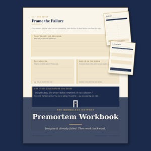 May include: A Premortem Workbook document titled Frame the Failure with sections for project details, the horizon, and participants. The page includes text prompts, a dark blue footer with the title, and two smaller supplemental sheets attached.