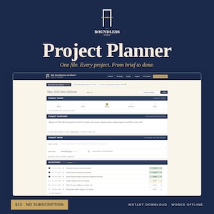 May include: A digital project planner interface with the text "Project Planner" and "One file. Every project. From brief to done." The interface displays project stages, overview, brief, and milestones. The price is £10.20.
