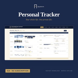 May include: A digital personal tracker interface displayed on a screen. The interface is white with blue and gray elements, showing data visualizations for habits, exercise, sleep, mood, and weight. Text on the screen includes "Personal Tracker" and "Your whole life. One private file."