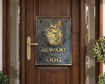 Targa in bronzo massiccio con pastore tedesco "Attenti al cane", insegna decorativa antica per cancello di tenuta.