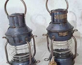Nautical Oil Lamp Brass Copper Anchor Ship Lantern Boat Mini Lamp Pair of 2 pcs