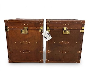 Finest English Leather Trunk 18 Inch, Antique Inspired Side Table Storage Chest, Pair of 2 Brass Studded Accent Box, Handmade Nightstand