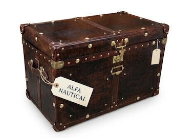 English Leather Trunk Side Table, Antique Inspired Coffee Table Trunk, Vintage Decorative Storage Chest Home Decor Gift