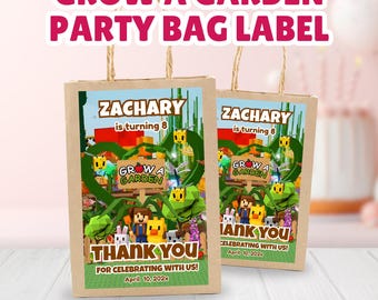 Editable Grow A Garden Party Bag Label, Roblox Grow A Garden Birthday Gift Bag Label, Gamer Party Favor Bag Label, Kids Party Decor, Canva
