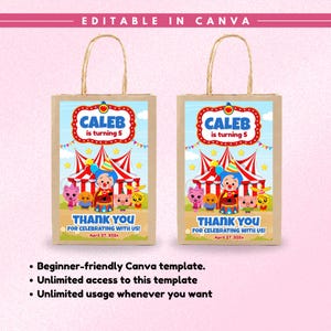 May include: Two brown paper gift bags featuring a circus-themed graphic with a clown, various animals, and a red and white striped tent. The text reads CALEB is turning 5, THANK YOU FOR CELEBRATING WITH US!, and April 27, 202x. The design is editable in Canva.