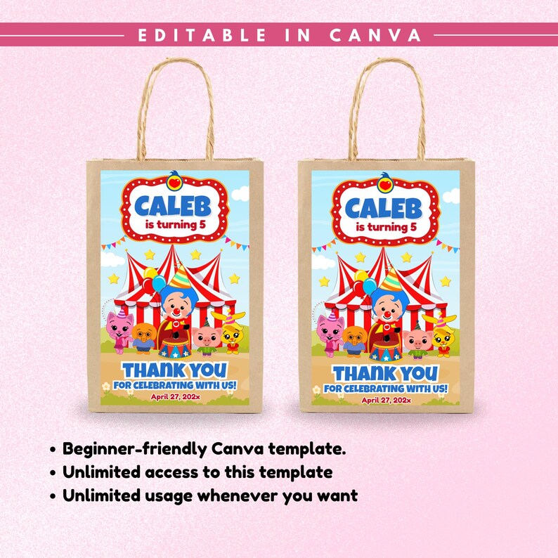 May include: Two brown paper gift bags featuring a circus-themed graphic with a clown, various animals, and a red and white striped tent. The text reads CALEB is turning 5, THANK YOU FOR CELEBRATING WITH US!, and April 27, 202x. The design is editable in Canva.