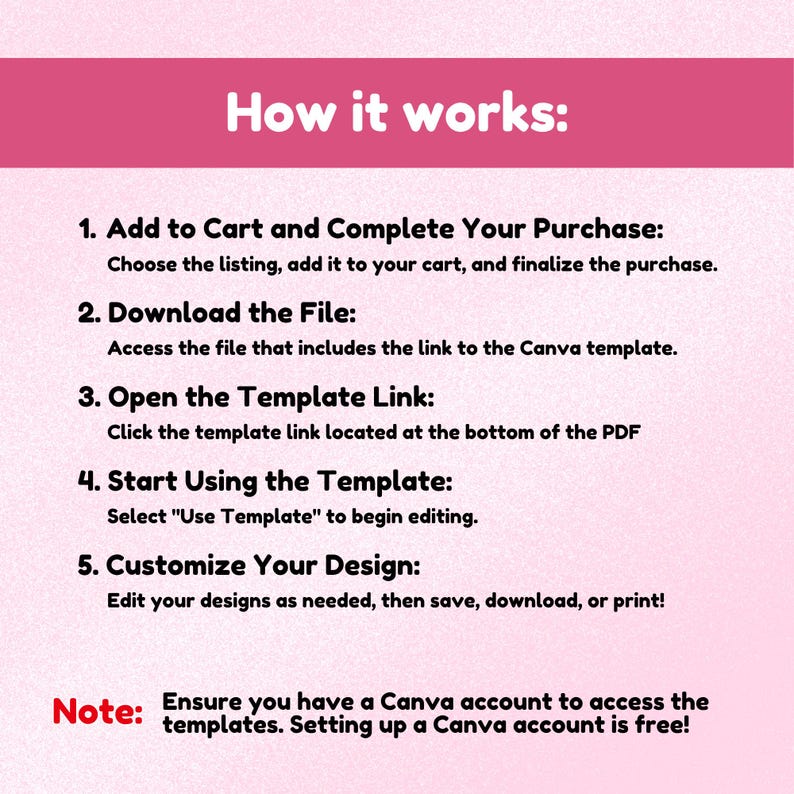 May include: A pink informational graphic titled How it works, listing five steps for using a digital template: 1. Add to Cart and Complete Your Purchase, 2. Download the File, 3. Open the Template Link, 4. Start Using the Template, 5. Customize Your Design.