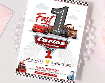 Fast One Cars Racing Invitation, Lightning McQueen Invitation, First Birthday Racing, One Lap Down Birthday Invitation, Cars Theme Party