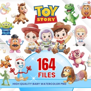 May include: A digital collection of Toy Story character illustrations including Woody, Jessie, Buzz Lightyear, Rex, Slinky Dog, Forky, and Mr. Potato Head. The image features the Toy Story logo, the text 164 FILES, and HIGH QUALITY BABY WATERCOLOR PNG.