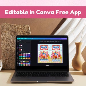 May include: A laptop screen displaying a digital birthday party invitation template in the Canva interface. The design features a red and white circus tent, cartoon characters, and the text CALEB is turning 5 THANK YOU FOR CELEBRATING WITH US.