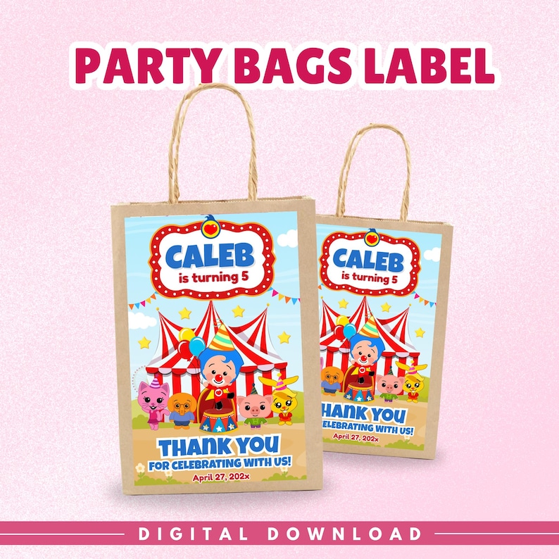 May include: Two brown paper gift bags featuring a circus-themed label with a red and white striped tent, a clown, and various cartoon animals. The text reads CALEB is turning 5, THANK YOU FOR CELEBRATING WITH US, and the date April 27, 202x.