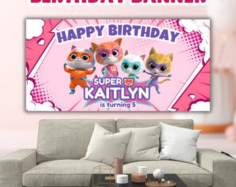 Personalize SuperKitties Birthday Banner, Super Hero Kitties Wall Backdrop, Kitties Birthday Sign Decor, Trending Birthday Party Supplies
