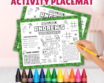 Editable Mine crafter Activity Placemat Sheet, Personalized Pixel Block Party Activity Sheet, Building Block Coloring Page, Birthday Favors