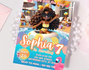 Convite de aniversário editável para festa na piscina estilo Bl0x Girl, convite para festa na piscina com tema de verão, aniversário de verão estilo Roblox, festa na piscina, Canva