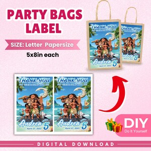 May include: Two brown paper party bags and a sheet of two rectangular labels featuring a Moana-themed graphic with the text Thank You For Celebrating With Us, the name Andrea, the number 5, and the date April 27, 202x. Each label measures 5x8 inches.