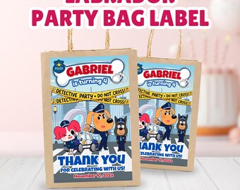 Police Sheriff Labrador Party Bag Label, Labrador Birthday Gift Bag Label, Editable Police Dog Favor Bag Label, Safety Sheriff Party Decors