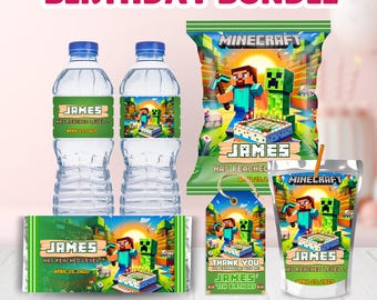 Mine crafter Birthday Party Bundle Printable Set: Thank You Tags, Choco Bar Wrap, Creeper Chip Bag, Water Bottle Label, Caprisun Juice Label