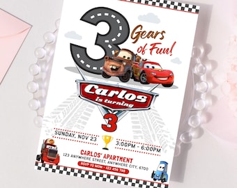Lightning McQueen 3rd Birthday Invitation, Editable Three Cars Racing Invitation, Race Cars Theme Party, Lightning McQueen Invite, Kids