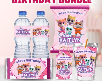 Super Kitties Birthday Party Bundle: Chip Bag Wrap Thank You Tags Caprisun Juice Label Water Bottle Label & Choco Bar Wrap Superhero Favors