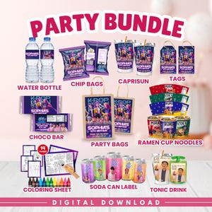 May include: A party bundle with various items, including water bottles, chip bags, Capri Sun drinks, tags, chocolate bars, party bags, ramen cup noodles, coloring sheets, soda can labels, and tonic drinks. The items feature a K-Pop theme.