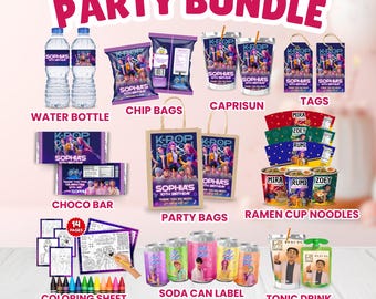 Kpop Demon Hunters Party Printable Set: Saja Boys & Huntrix Birthday Bundle, Ramen Noodles Soda Pop Tonic Drink Party Bag, Kpop Party Favors
