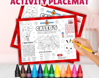 Plim Plim Circus Activity Placemat Sheet, Carnival Plim Plim Birthday Coloring Page, Cartoon Kids Birthday Party Favors, Plim Plim Decors