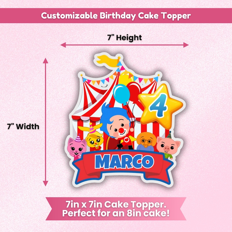 Puede incluir: Un adorno para tarta de cumplea&ntilde;os personalizable con un dise&ntilde;o de carpa de circo, personajes de dibujos animados, globos y un n&uacute;mero 4 en forma de estrella. El adorno mide 17,78 cm de ancho y 17,78 cm de alto, con el nombre "MARCO".