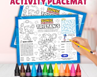 Editable Sonic Activity Placemat Sheet, Personalized Sonic the Hedgehog Activity Sheet, Blue Speed Hero Coloring Page, Kids Birthday Favors