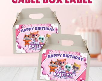 SuperKitties Birthday Gable Box Label, Custom Super Hero Kitties Party Box, Super Kitties Party Decor, SupperKitties Party Supplies, Canva
