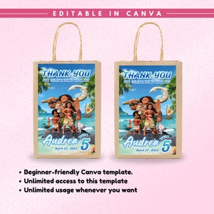 May include: Two brown paper gift bags featuring a Moana-themed graphic with the text Thank You For Celebrating With Us, Andrea turns 5, and April 27, 202x. The design includes characters, a tropical beach, and a boat on a blue ocean background.