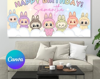 Cute Monster Birthday Banner, Editable Pink Bunny Wall Backdrop, Kawaii Monster Birthday Sign, Cute Pastel Monster Birthday Party Supplies