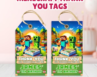 Mine crafter Thank You Tag, Crafter Birthday Gift Tag, Editable Pixel Block Favor Tag, Mine crafter Birthday, Mine crafter Party Tag, Canva