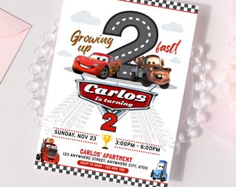 Lightning Mcqueen 2nd Birthday Invitation, Growing Up Two Fast Invite, Two Fast Cars Racing Invitation, Cars Party Invite, Second Birthday