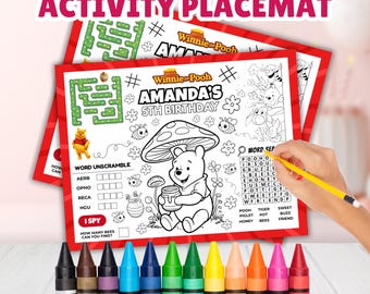 Editable Winnie the Pooh Activity Placemat Sheet, Personalized Pooh Party Activity Sheet, Winnie the Pooh Coloring Page, Kid Birthday Favors