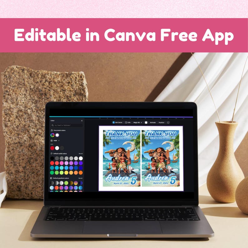 May include: A laptop screen displaying an editable digital party invitation template in the Canva app. The invitation features a tropical island theme with animated characters, the text Thank You For Celebrating With Us, and the name Andrea 5.