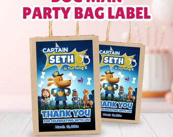 Editable Comic Dog Man Party Bag Label, Dog Man Birthday Gift Bag Label, Editable Police Dog Party Favor Bag Label, Police Dog Party Decor
