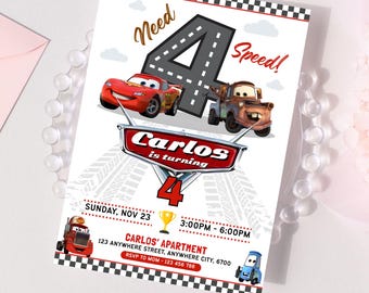 Need 4 Speed Racing Cars Invitation, Lightning Mcqueen Invitation, Cars Theme Party Digital Invite Template, 4th Birthday Invite, Canva