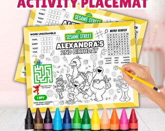 Editable Cookie Monster Activity Placemat Sheet, Personalized Blue Monster Activity Sheet, Puppet Monster Coloring Page Kids Birthday Favors