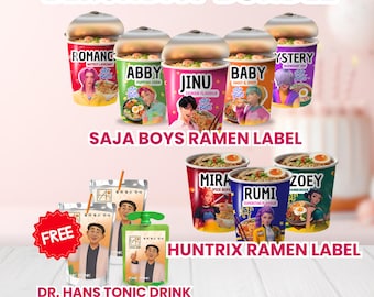 Kpop Demon Hunters Labels: Huntrix & Saja Boys Birthday Ramen Cup Noodles, Dr Hans Tonic Drink Label Rumi's Medicine, Canva Digital Template