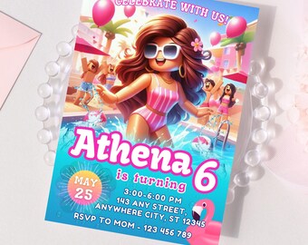 Convite para Festa na Piscina com Tema Roblox para Meninas, Convite de Aniversário de Verão no Estilo Bl0x, Modelo de Festa de Aniversário com Tema Splash, Convite para Festa na Piscina de Verão para Meninas, Convite Infantil