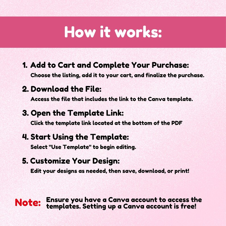 May include: A pink informational graphic titled How it works, listing five steps for using a digital template: 1. Add to Cart and Complete Your Purchase, 2. Download the File, 3. Open the Template Link, 4. Start Using the Template, 5. Customize Your Design.