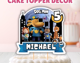 Adorno editable para pastel de cumpleaños de Dog Man, decoración personalizada para pastel de fiesta de Dog Man para imprimir, adorno imprimible para pastel de perro policía: plantilla de Canva