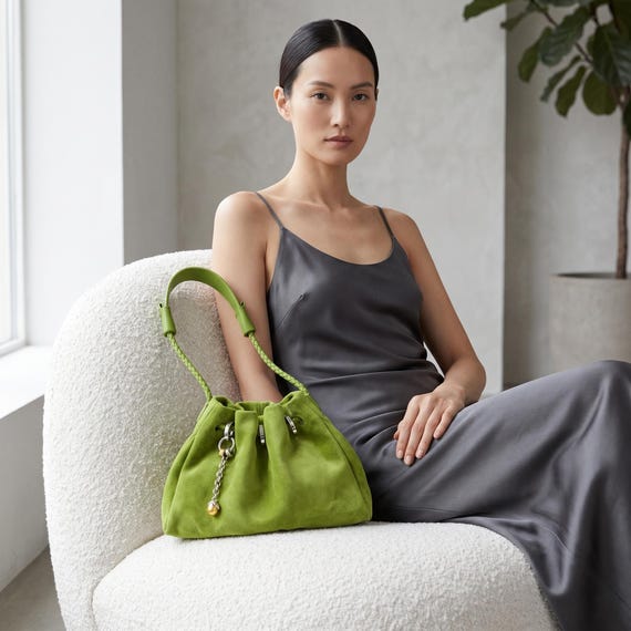 Green Suede Drawstring Pouch Bag Real Cow Leather Slouchy Handbag Women Elegant Fashion Purse