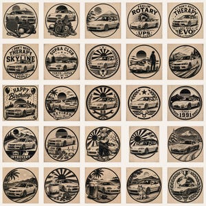 May include: A collection of square, beige-colored stickers with black and white illustrations of cars, text, and circular designs. The text includes phrases like "Happy Birthday!" and "I don't need therapy." The stickers feature various car models.