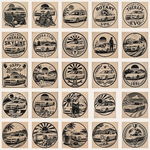 May include: A collection of square, beige-colored stickers with black and white illustrations of cars, text, and circular designs. The text includes phrases like "Happy Birthday!" and "I don't need therapy." The stickers feature various car models.