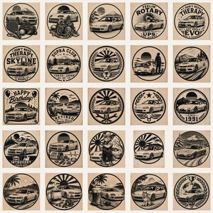 May include: A collection of square, beige-colored stickers with black and white illustrations of cars, text, and circular designs. The text includes phrases like "Happy Birthday!" and "I don't need therapy." The stickers feature various car models.