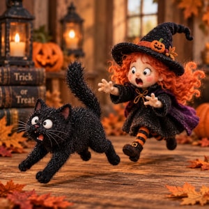 Puede incluir: Una muñeca de lana fieltrada de una bruja pelirroja con sombrero negro con adorno de calabaza y vestido negro, corriendo junto a un gato negro peludo. Ambas figuras tienen expresiones de sorpresa sobre una superficie de madera.