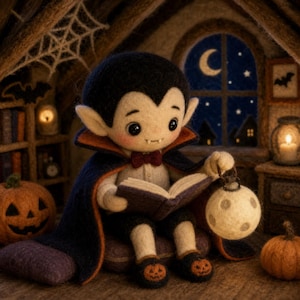 May include: A needle-felted vampire doll with pale skin, black hair, and a dark cape with an orange lining. The doll wears a red bow tie and black shoes with orange pumpkin faces, holding an open book and a round, light-colored lantern.
