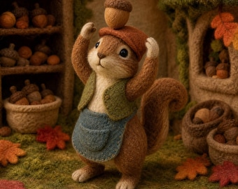 Handmade Felt Squirrel Figurine, 8cm Wool Forest Animal Decor, Cute Cottagecore Woodland Desk Ornament, Soft Nature Gift